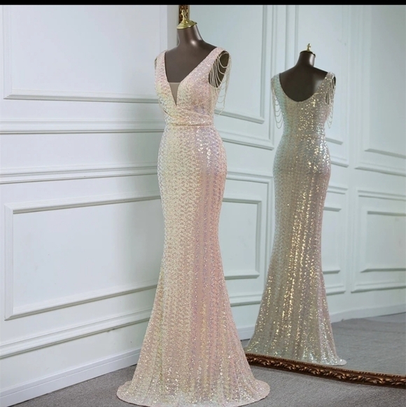Pink, Sleeveless, Backless, V Neck, Beaded, Contrast Sequined and Mes… - Picture 10 of 12